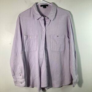 Womens Social Standard Gauze Long Sleeve Button Shirt Lilac L Cotton Pockets Rol